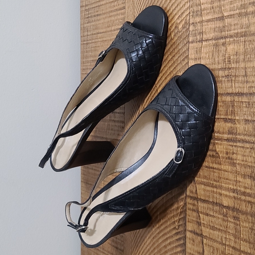 Talbots Black Leather Slingback Open Toe Heels 9